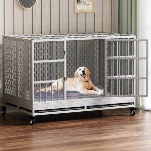 48/42/38 Inch Heavy Duty Dog Crate with Wheels, Folding Metal Big Dog Cage for Large and Medium Dogs, Extra Large XL XXL Indestructible Dog Crate with Removable Tray.