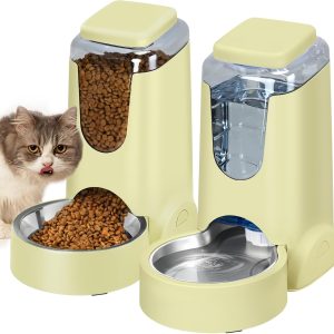 Portable Automatic Cat Feeder and Water Dispenser with Stainless Steel Bowl Dog Gravity Food Feeder and Waterer for Small Medium Pets Puppy Kitten 1 Gallon x 2 (Cream Yellow)