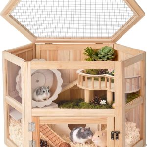 Hamster Cage with Chewproof Wood Top,Guinea Pig Cages, Two Story Hamster Habitat with Clear Acrylic Sheets Solid Built, Small Animal Cage (Fir, 31X20X20 inch)