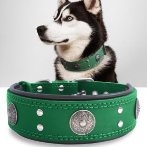 Leather Dog Collar, 2 inches Wide Heavy Duty Genuine Leather Collars, Handmade, Soft, and Luxury, Eye-catching Best Choice for Large and Medium Breed Dogs, Green 18.5-22.5 in