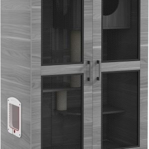 Luxury Cat House with Wheels, Kitty Cage Catio Villa for Indoor Cats with Scratching Posts, Condo, Flap Door, Cushion, Gray, 31.5" x 20" x 48.5"